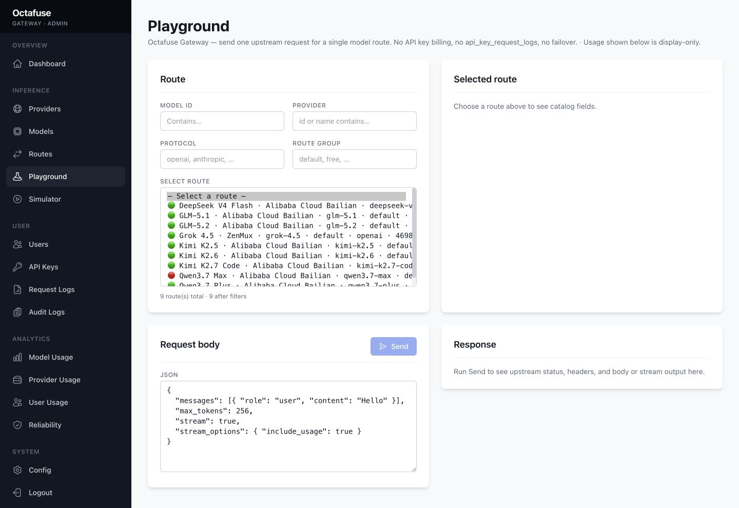 OctaFuse Admin Playground 页面展示路由选择、请求体和响应区域。