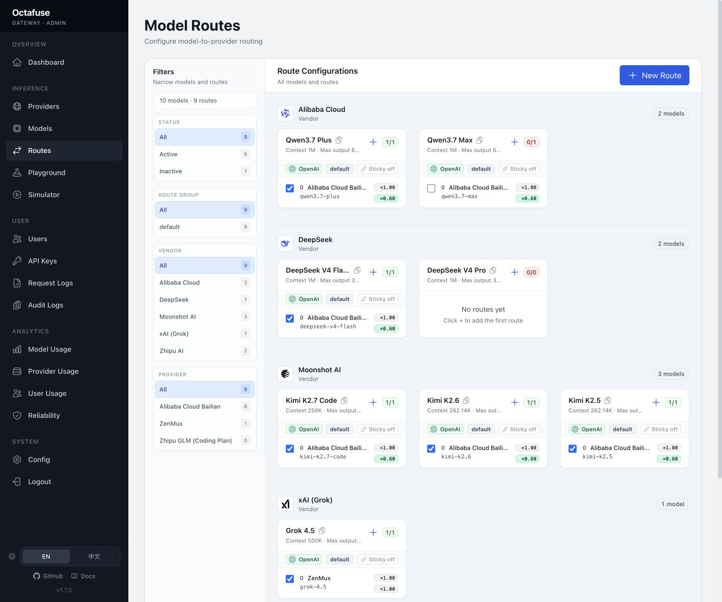 OctaFuse Admin Routes 页面展示模型到供应商的路由配置卡片。